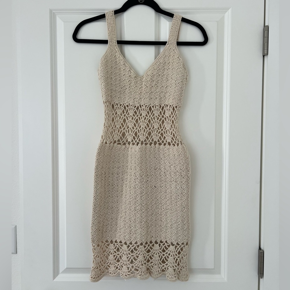 Vintage Mini Crochet Dress-Small-Beige